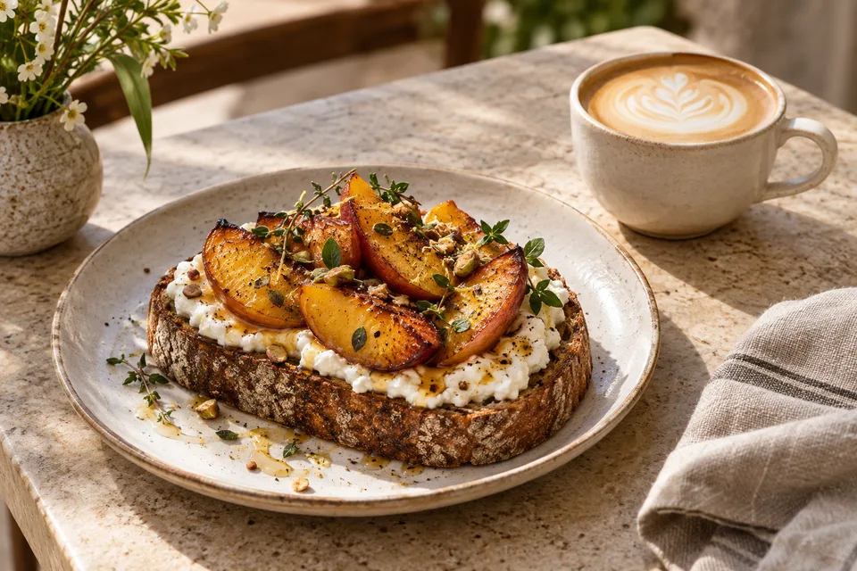 Tostada de ricotta y melocotón con un café con leche