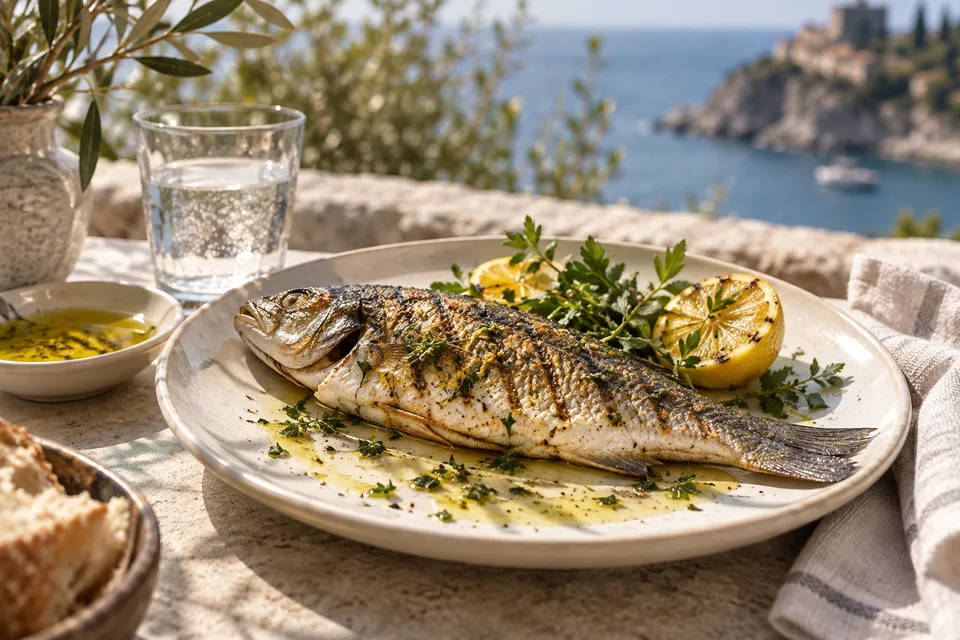 Lubina a la parrilla con limón y hierbas, frente al mar