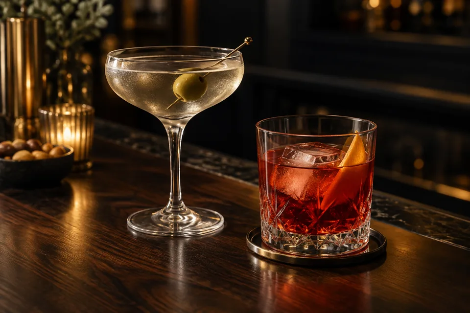 Un martini y un cóctel rojo en una barra de madera con luz cálida
